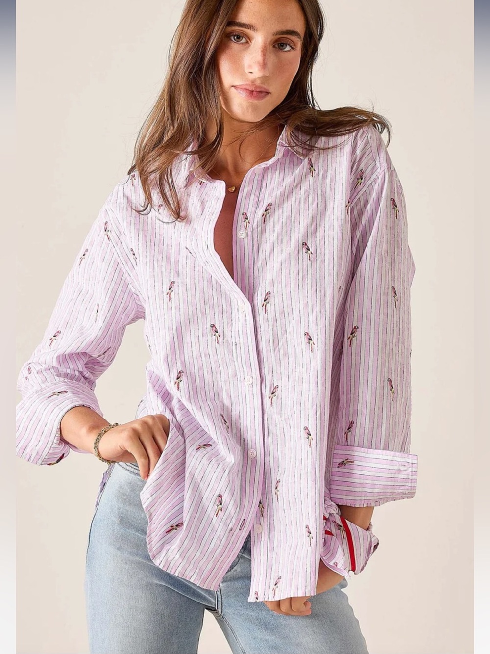 Mersea Lavender Striped Button-Down Shirt with Bird embroidered Motif -Large-NWT